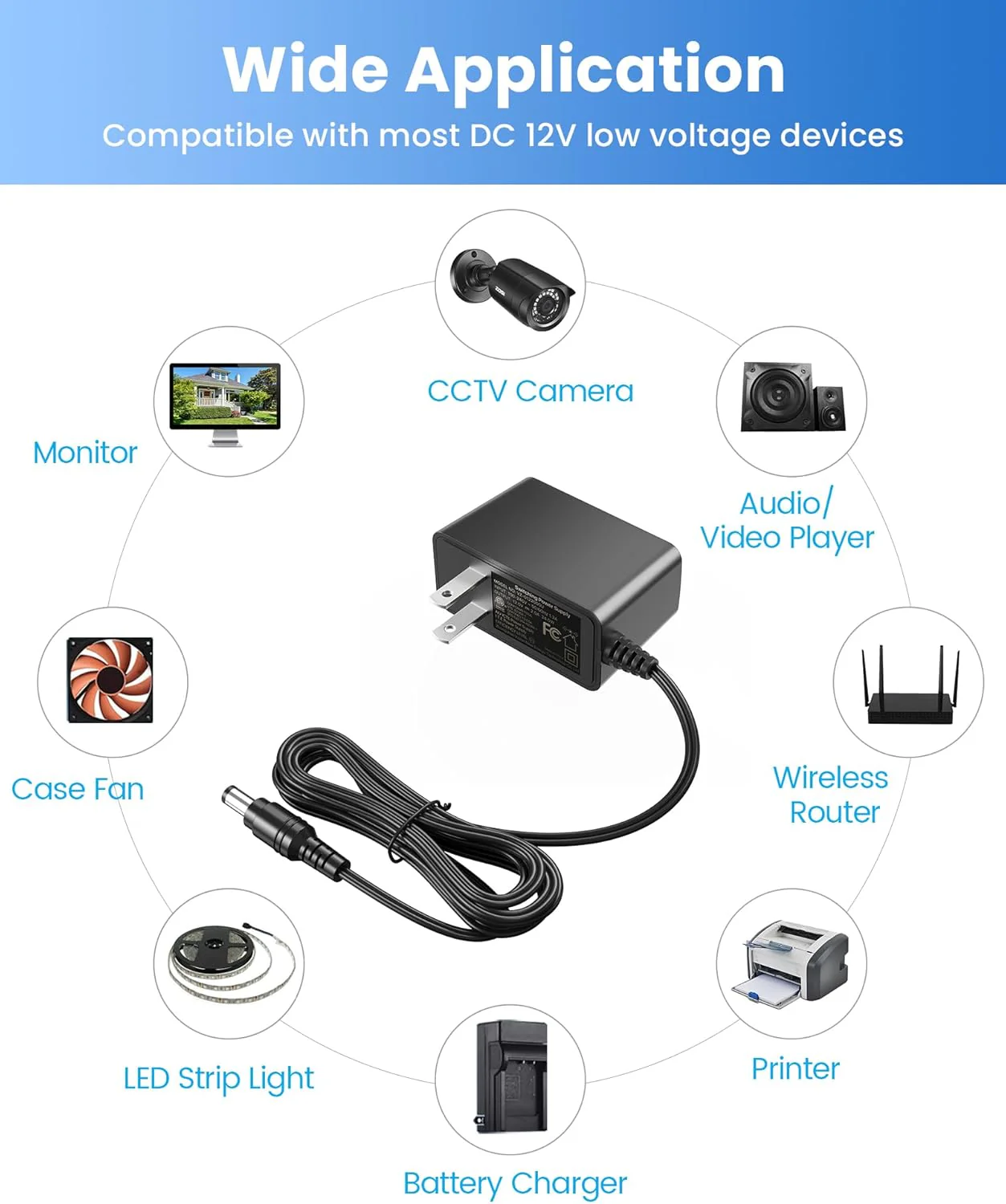 12V 2A 100V-240V AC to DC Power Supply Adapter + 4-Way Power Splitter Cable - Image 8
