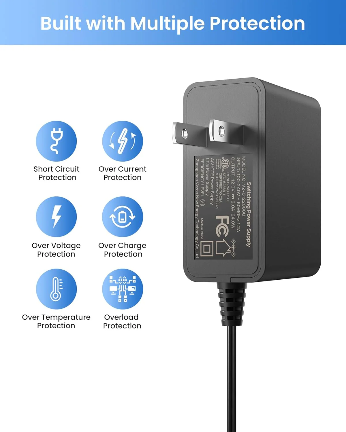 12V 2A 100V-240V AC to DC Power Supply Adapter + 4-Way Power Splitter Cable - Image 9