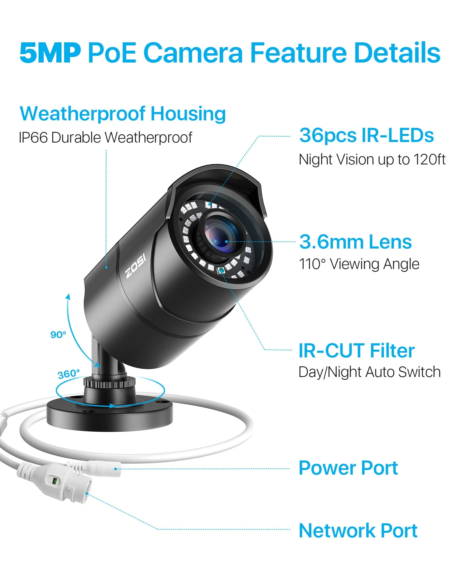 C261 2pack/4pack 5MP Add-on PoE Camera + 60ft Ethernet Cable - Image 6