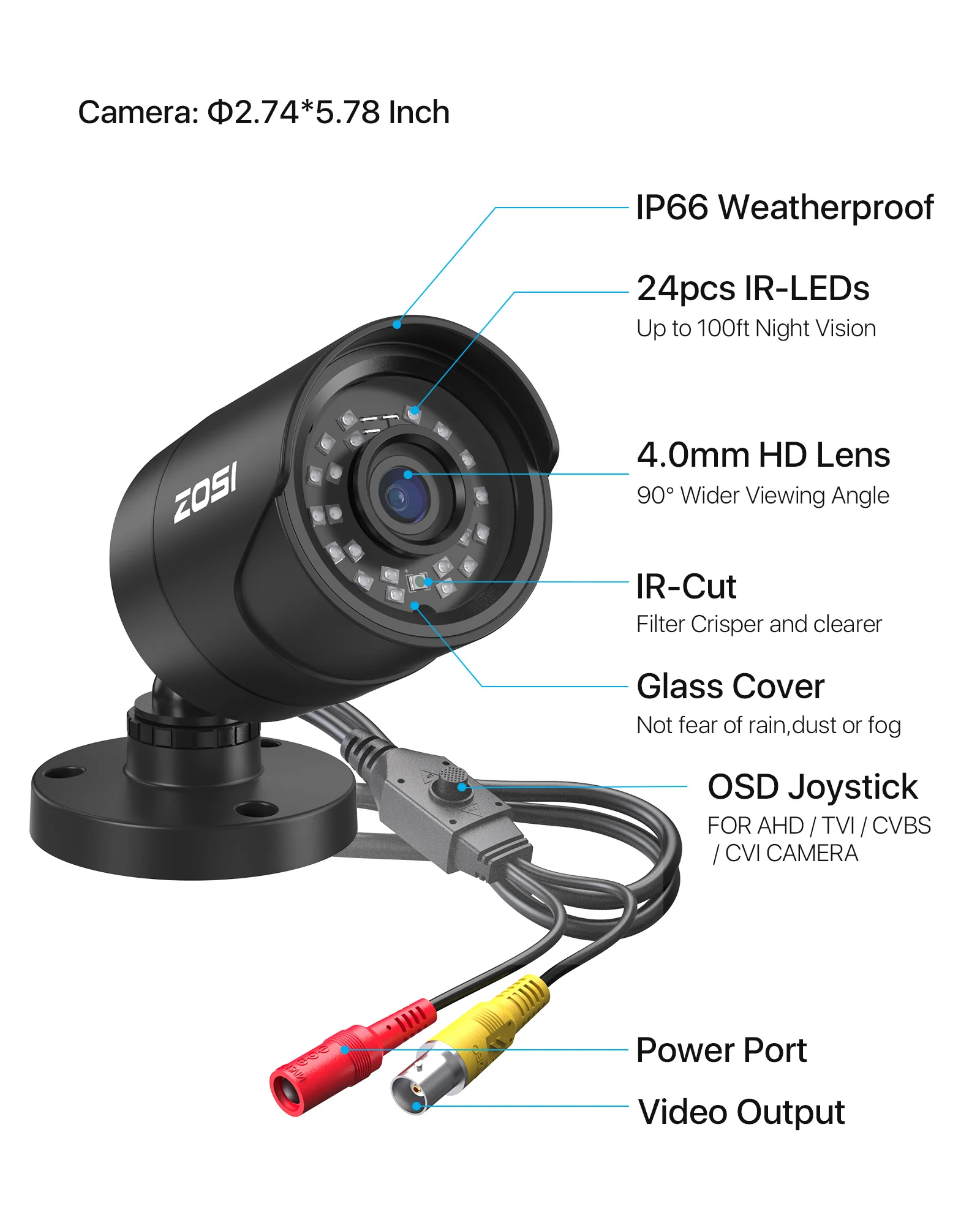 C124 4pcak 1080P TVI CVI AHD CVBS CCTV Security Camera + 60ft Cables (ZG1242C) - Image 8