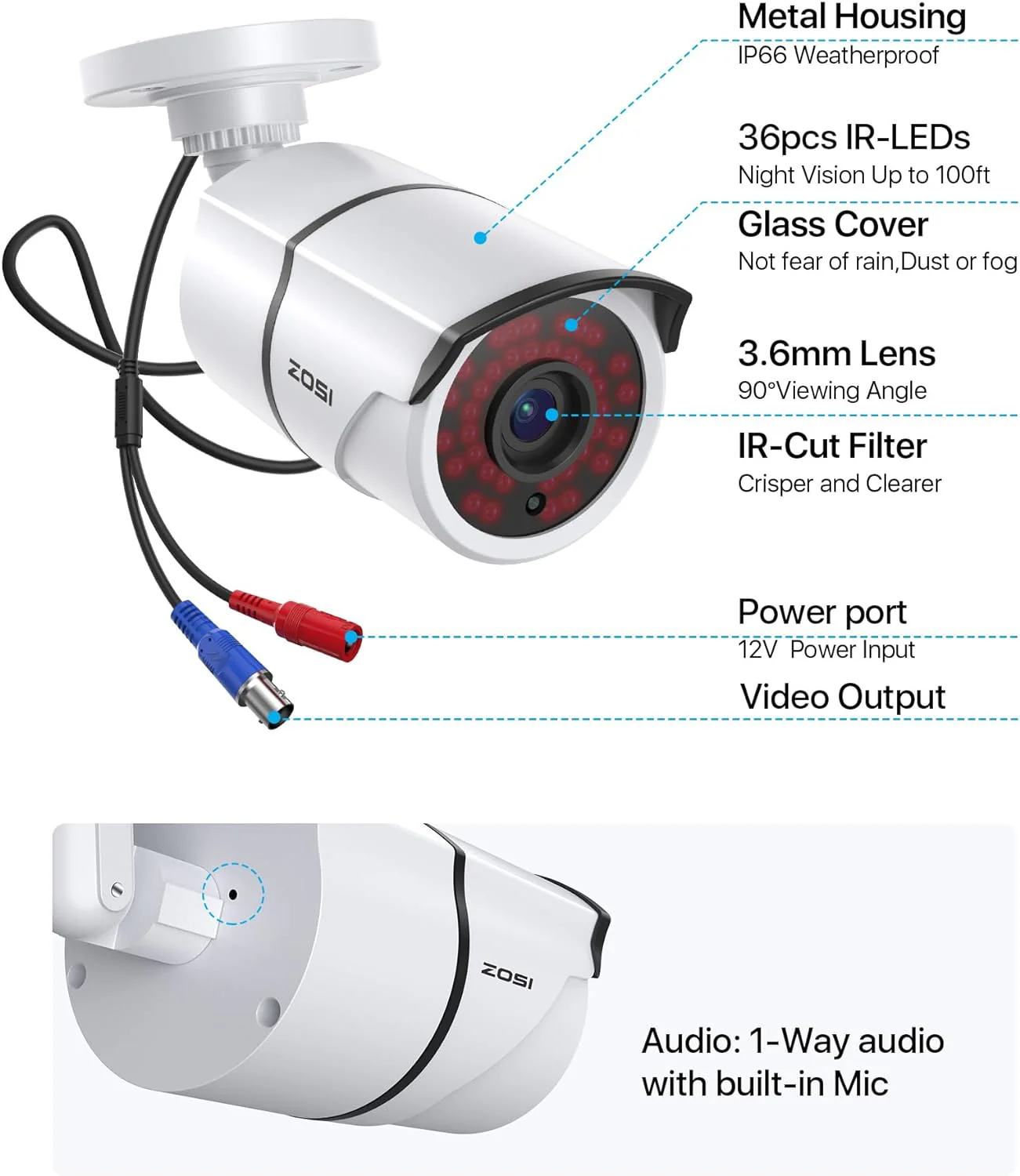 C261 2pack/4pack 1080P Analog Security Cameras with Audio + 60ft BNC Cable - Image 3